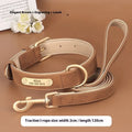 A double-layer leather dog collar with a matching lead in blue, shown alongside brown and rose red colour options.