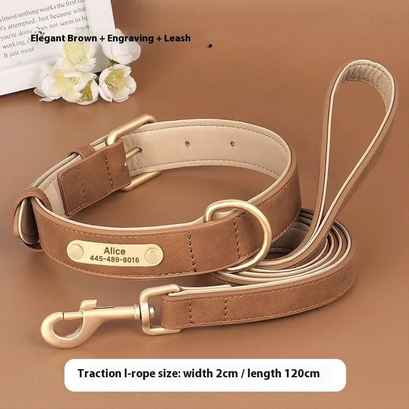 A double-layer leather dog collar with a matching lead in blue, shown alongside brown and rose red colour options.