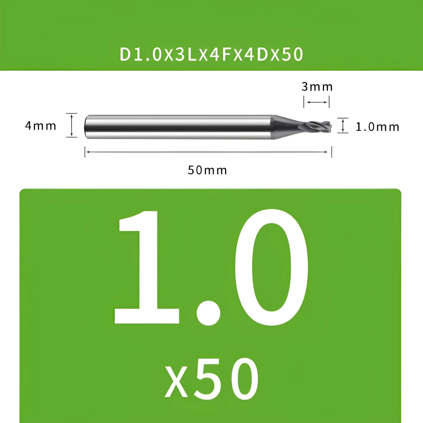 4-blade tungsten steel end mill showing cutting edges and diameter markings