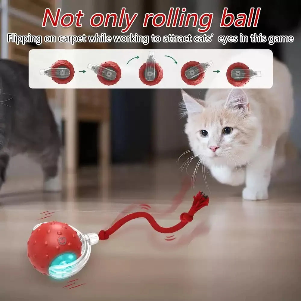 Red interactive cat toy ball with super drive rolling mechanism on a plain background.