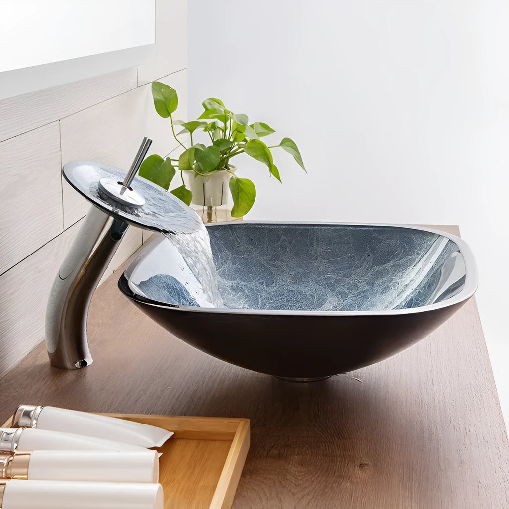 Blue grey tempered glass bathroom table basin with simple art design on white countertop