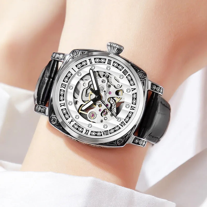 Mechanical wristwatch with luminous hands on leather strap, available in multiple colour dials