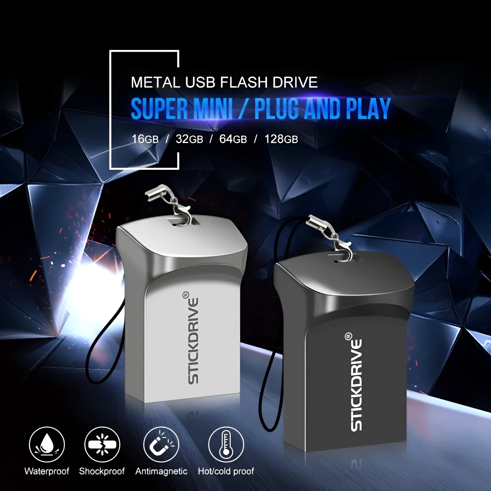 Metal car design USB flash drive with chain attachment in black and silver colour options
