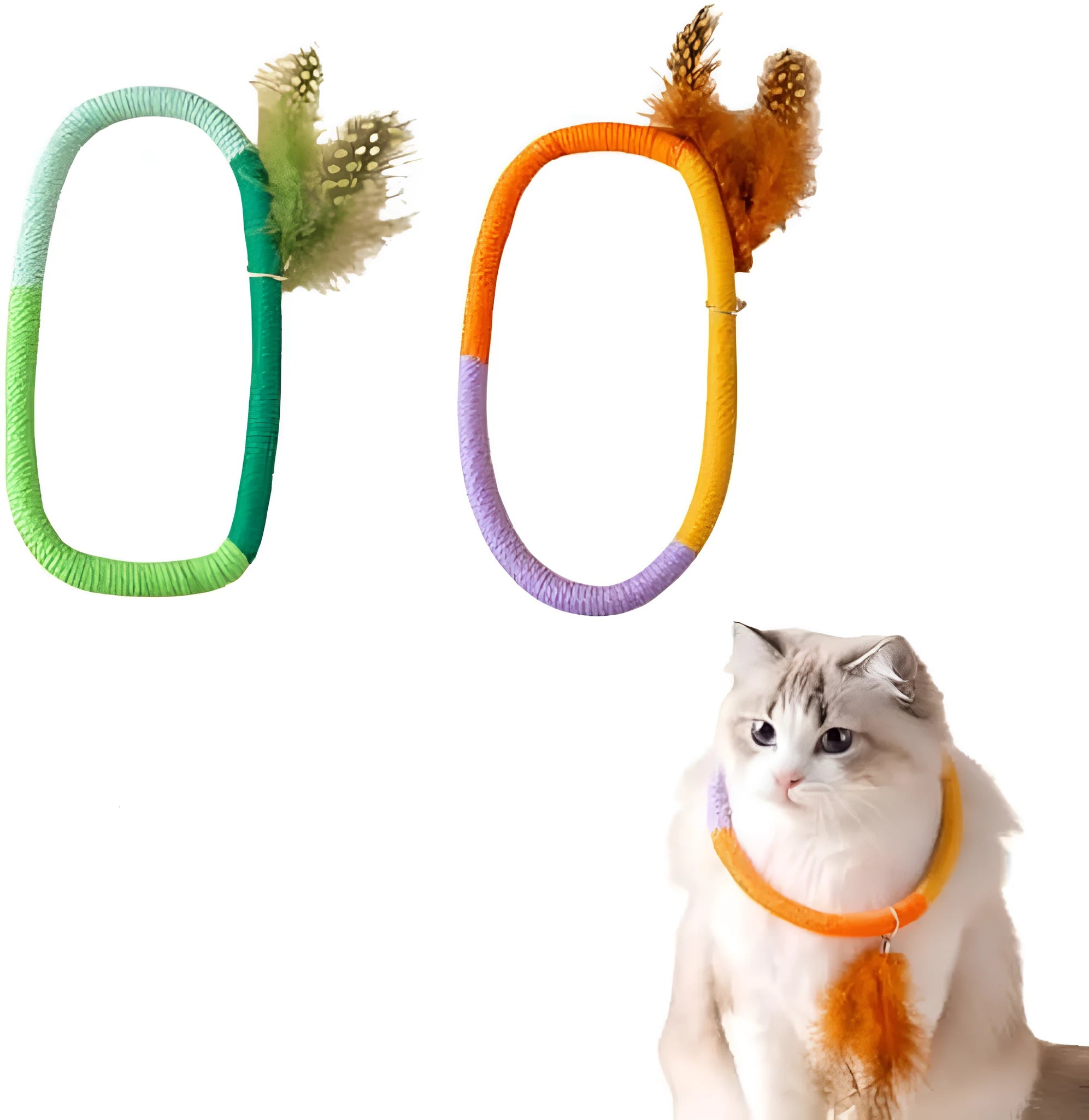 Green circular cotton rope cat toy with feathers and catnip for safe chewing