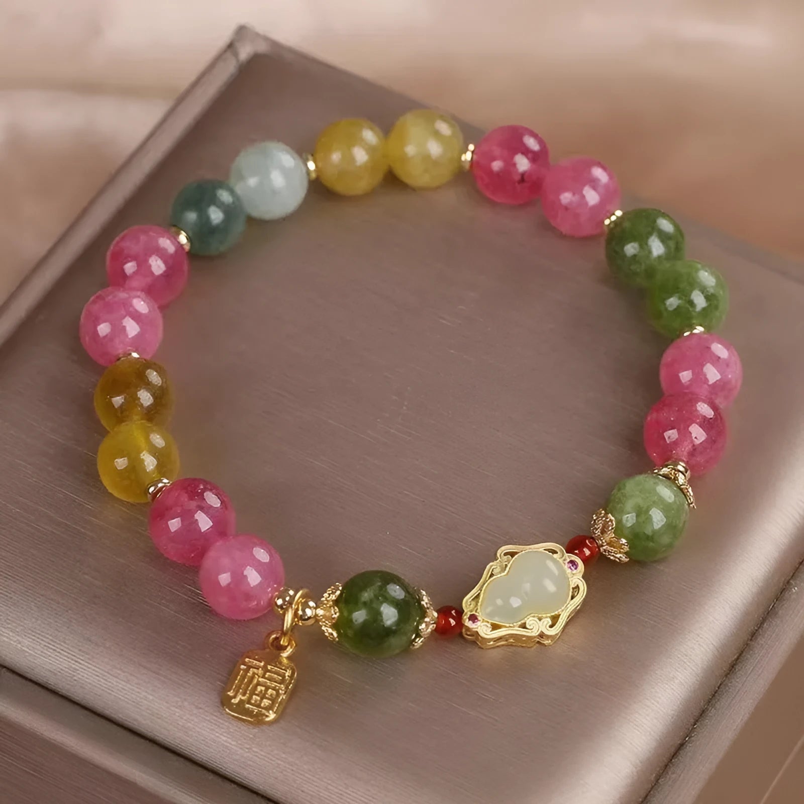 Colourful tourmaline gourd blessing card bracelet with flower design for women