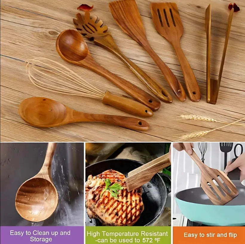 Seven-piece wooden cooking utensil set including spoons and spatulas for non-stick pans