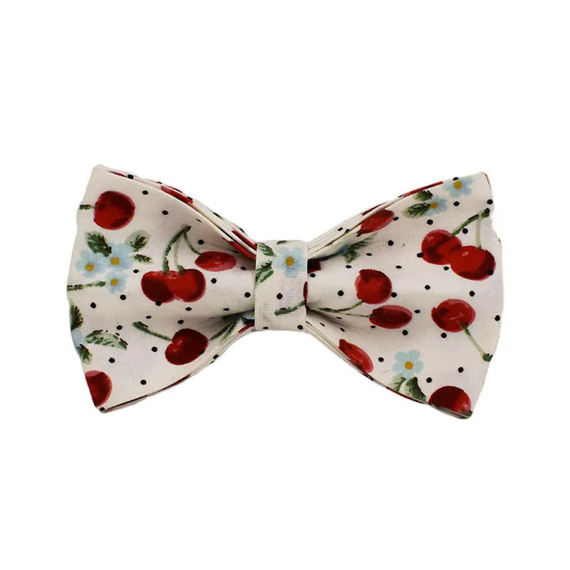 Red cherry print pet collar set with matching leash, vest, and gold buckle on dog model