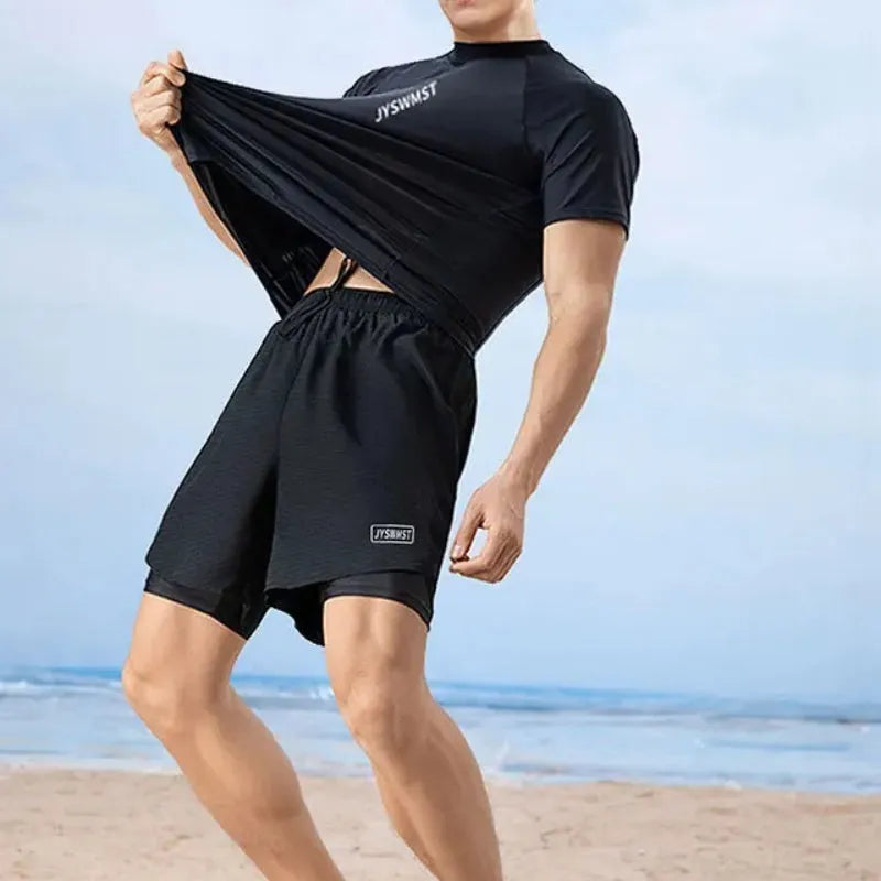 Men's plus size swimming trunks set with top and pants in polyester fabric