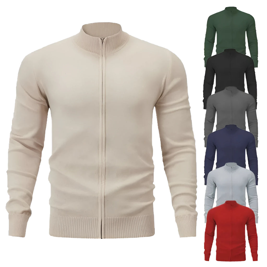 Casual cotton zip-front cardigan sweater with a stand collar in a loose fit.