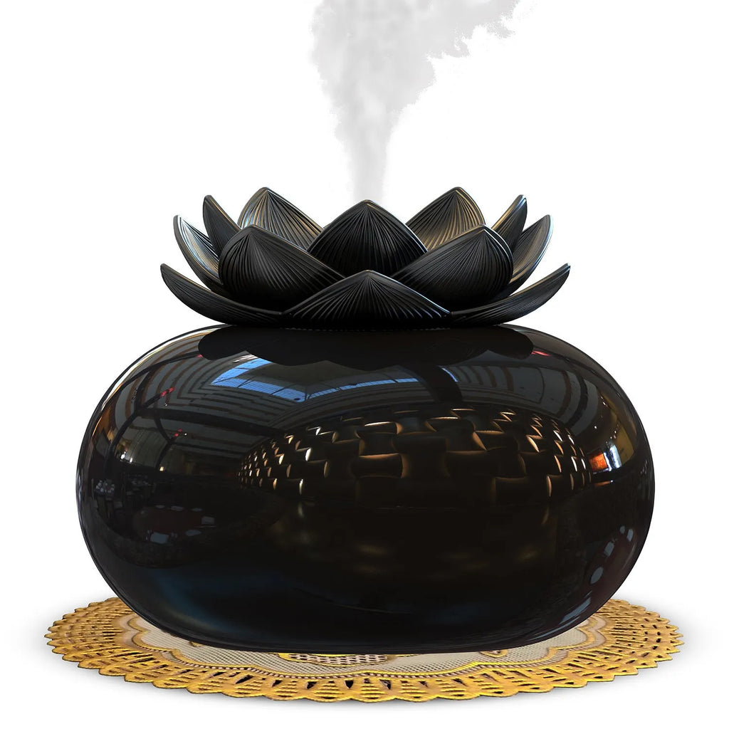 Pure black lotus-shaped aromatherapy humidifier with USB cable and single vapour outlet