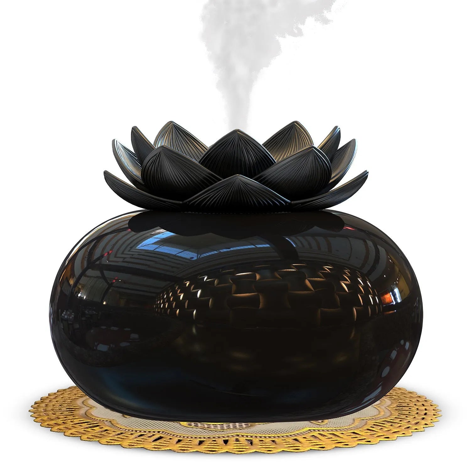 Pure black lotus-shaped aromatherapy humidifier with USB cable and single vapour outlet
