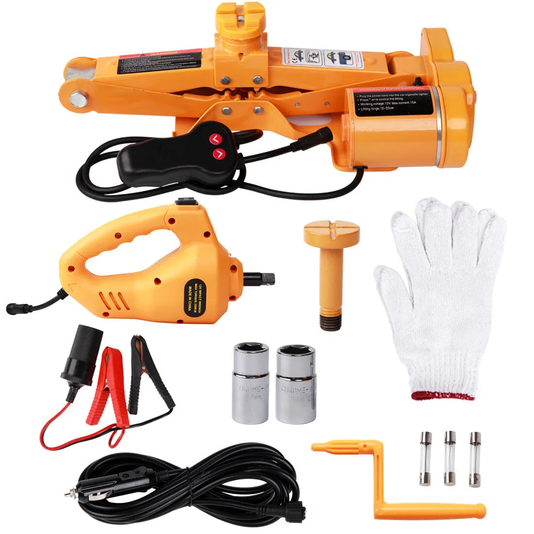 Yellow steel car electric jack set with electric wrench for vehicle lifting