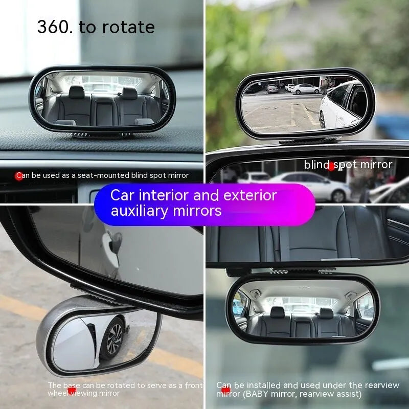 Black 360-degree rotating car rearview mirror with a suction cup mount on a windscreen.