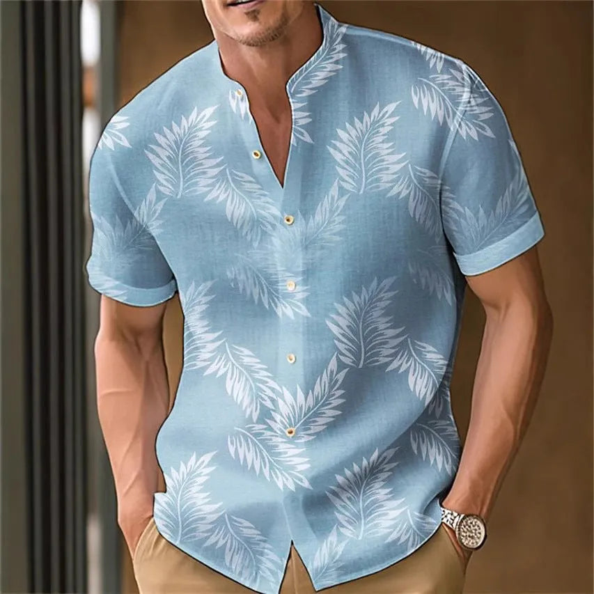 Men's printed polyester casual shirt shown in one of eight available colours, size range S to 4XL.