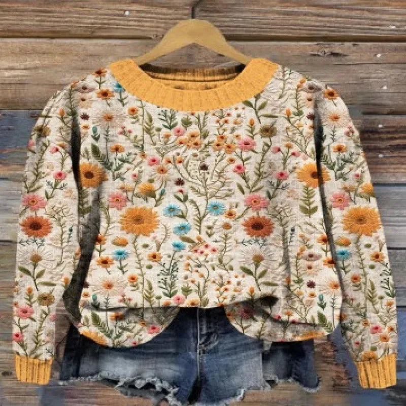 Women's little flower digital print round neck long sleeve sweater in a blue colour variant.