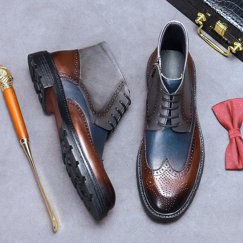 Coffee blue men's leather brogue ankle boots with carved stitching, round toe, and front lacing on a rubber sole.