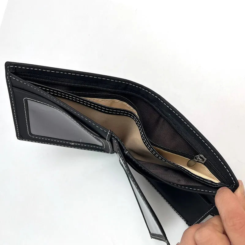 Black men's wallet with animal print pattern showing multiple card slots and zipper closure