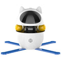 White automatic electronic cat toy with a moving wand, elastic rope, and dangling feathers on a floor.