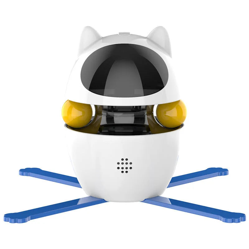 White automatic electronic cat toy with a moving wand, elastic rope, and dangling feathers on a floor.