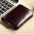 Men's black leather wallet open to show photo window, card slots, coin pocket and banknote folder.