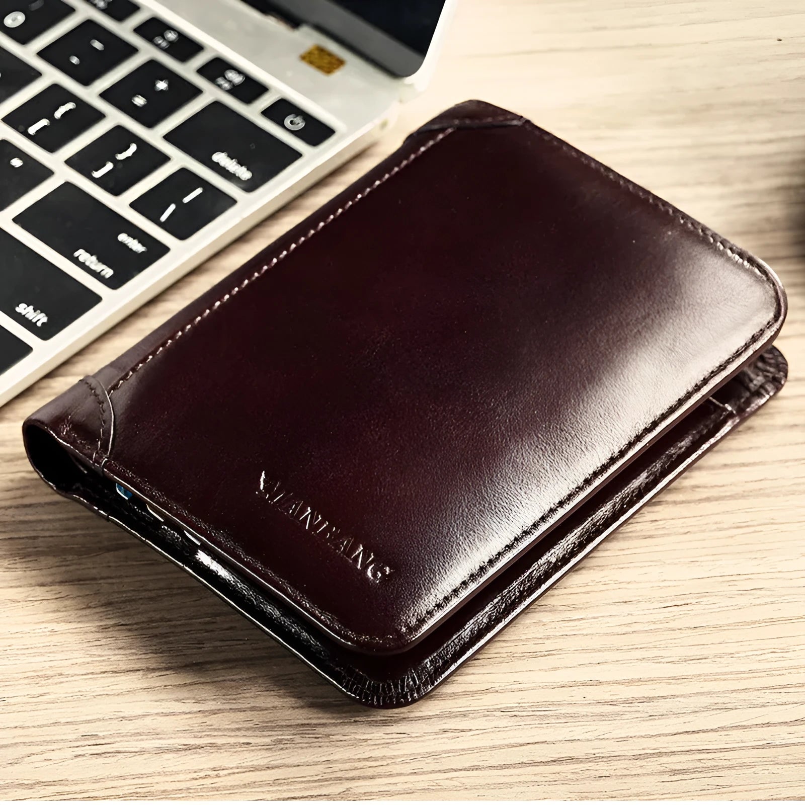 Men's black leather wallet open to show photo window, card slots, coin pocket and banknote folder.