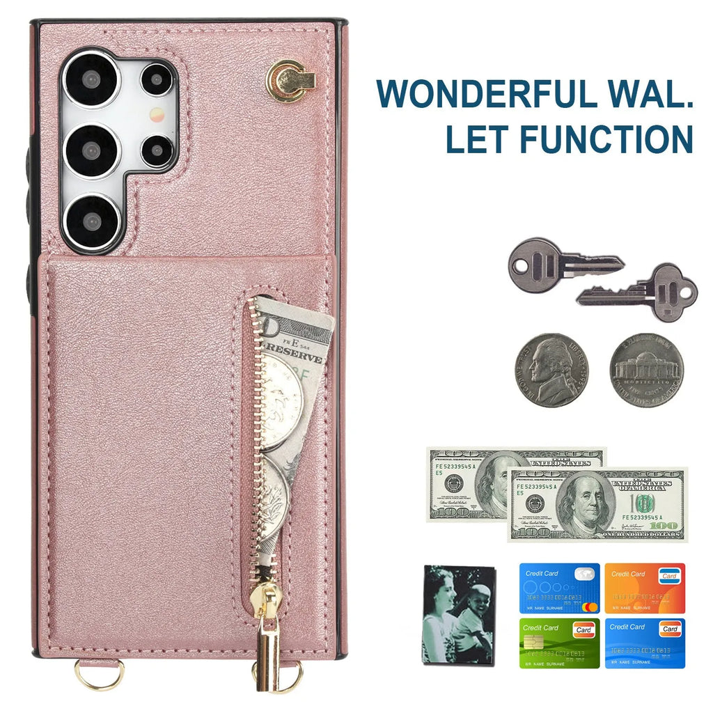 Samsung phone case with card slot and kickstand in black PU leather