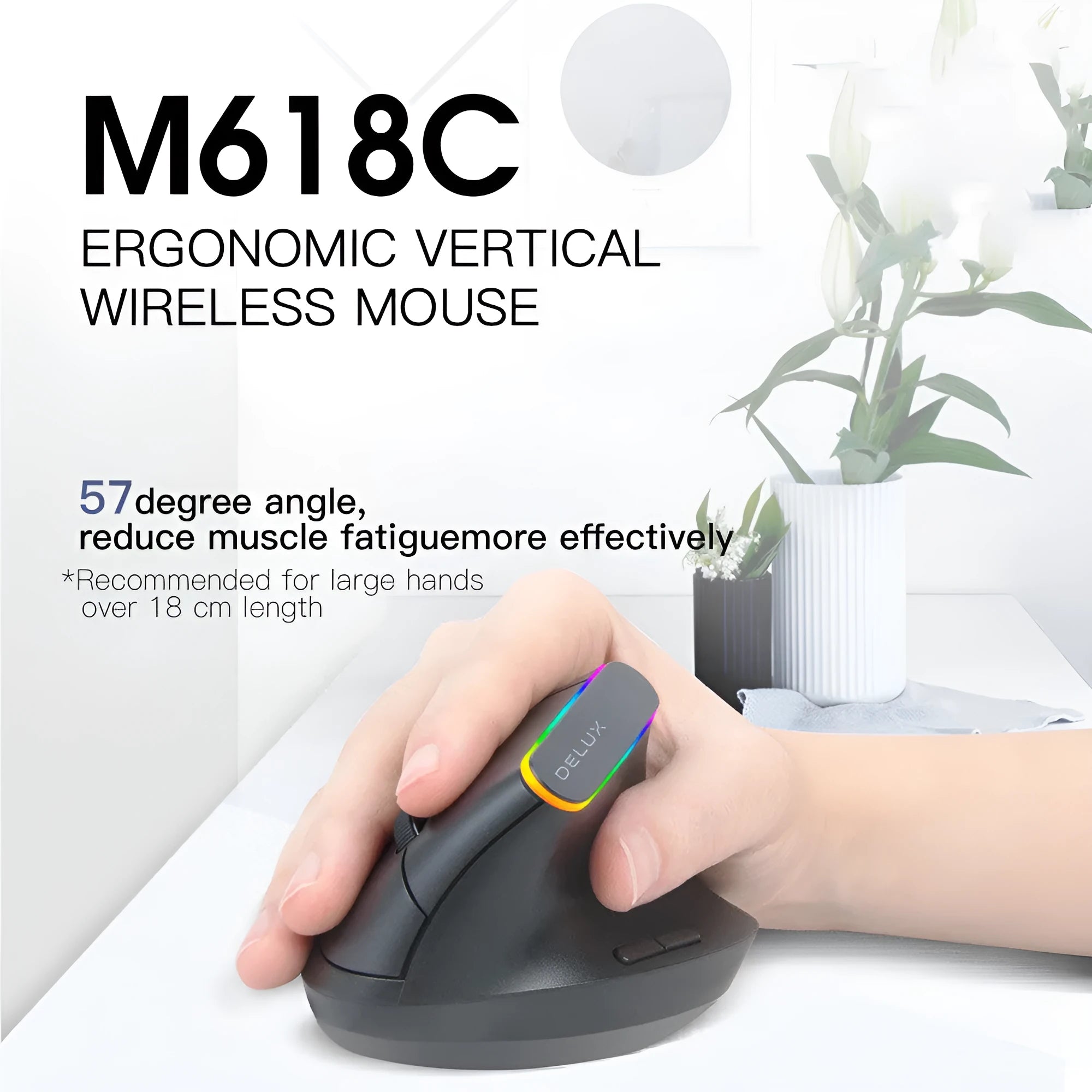 M618C black and white vertical ergonomic wireless computer mouse with RGB lighting