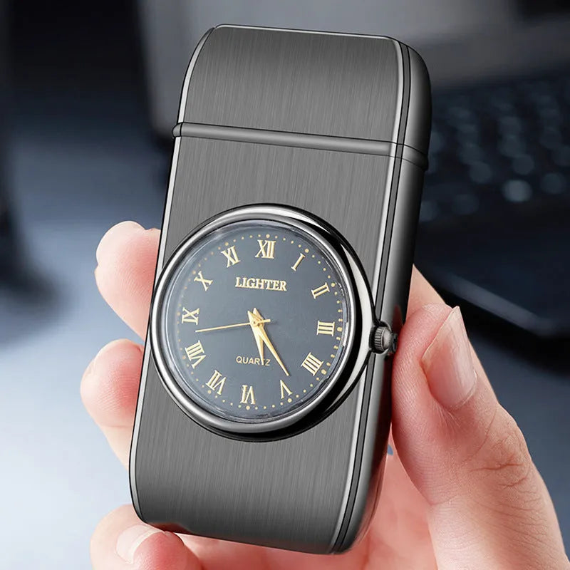 Multifunctional metal watch lighter with LED lamp in brushed black, mahogany, gold, or silver finish.