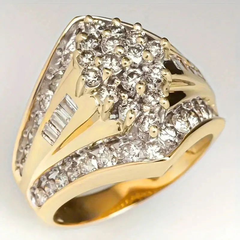Gold-coloured copper electroplated ring with heavy industry and palace style geometric band design