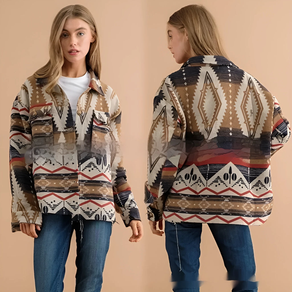 Women's retro style aztec print woolen coat in loose fit, shown in sapphire blue.