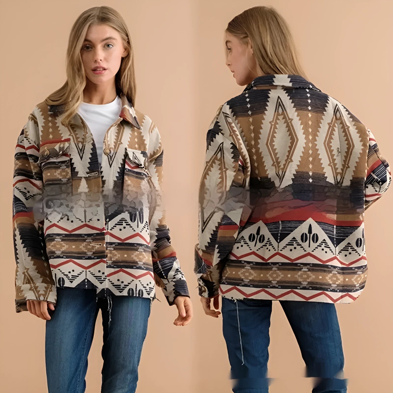 Women's retro style aztec print woolen coat in loose fit, shown in sapphire blue.