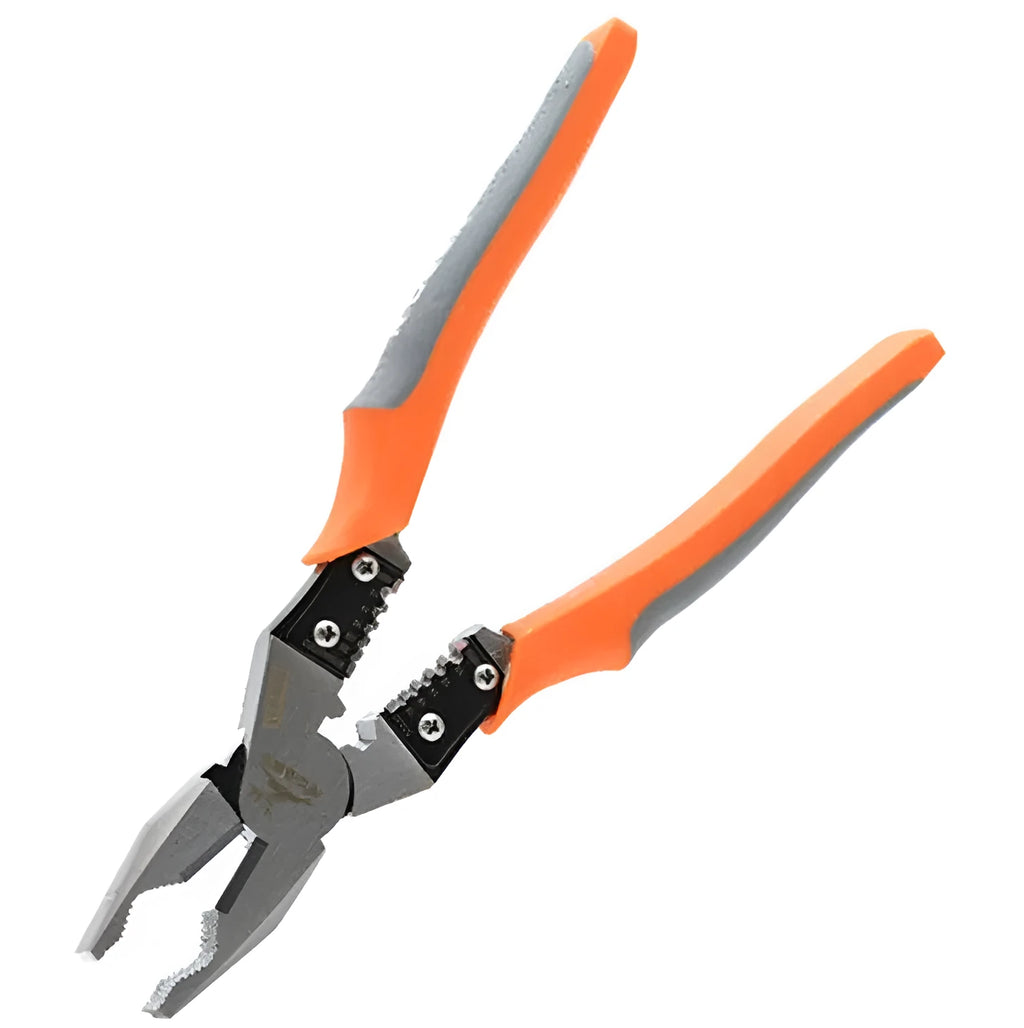 Orange multi-function wire cutter pliers with PVC handles and alloy steel jaws.