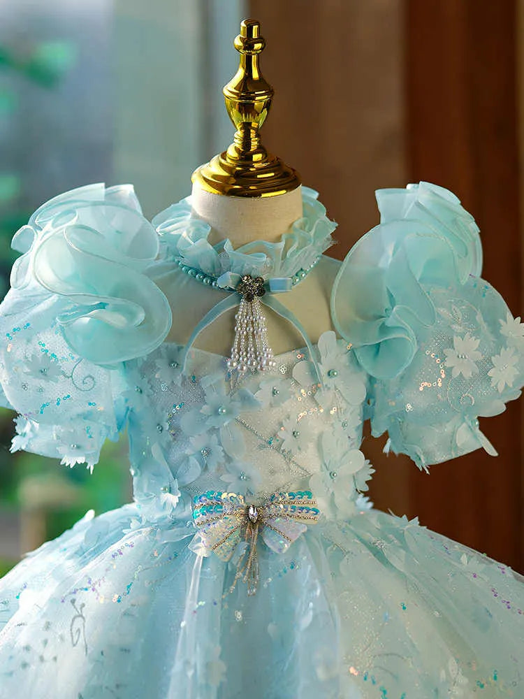 Girls' princess dress blue green colour light luxury evening style for girls 100-160cm
