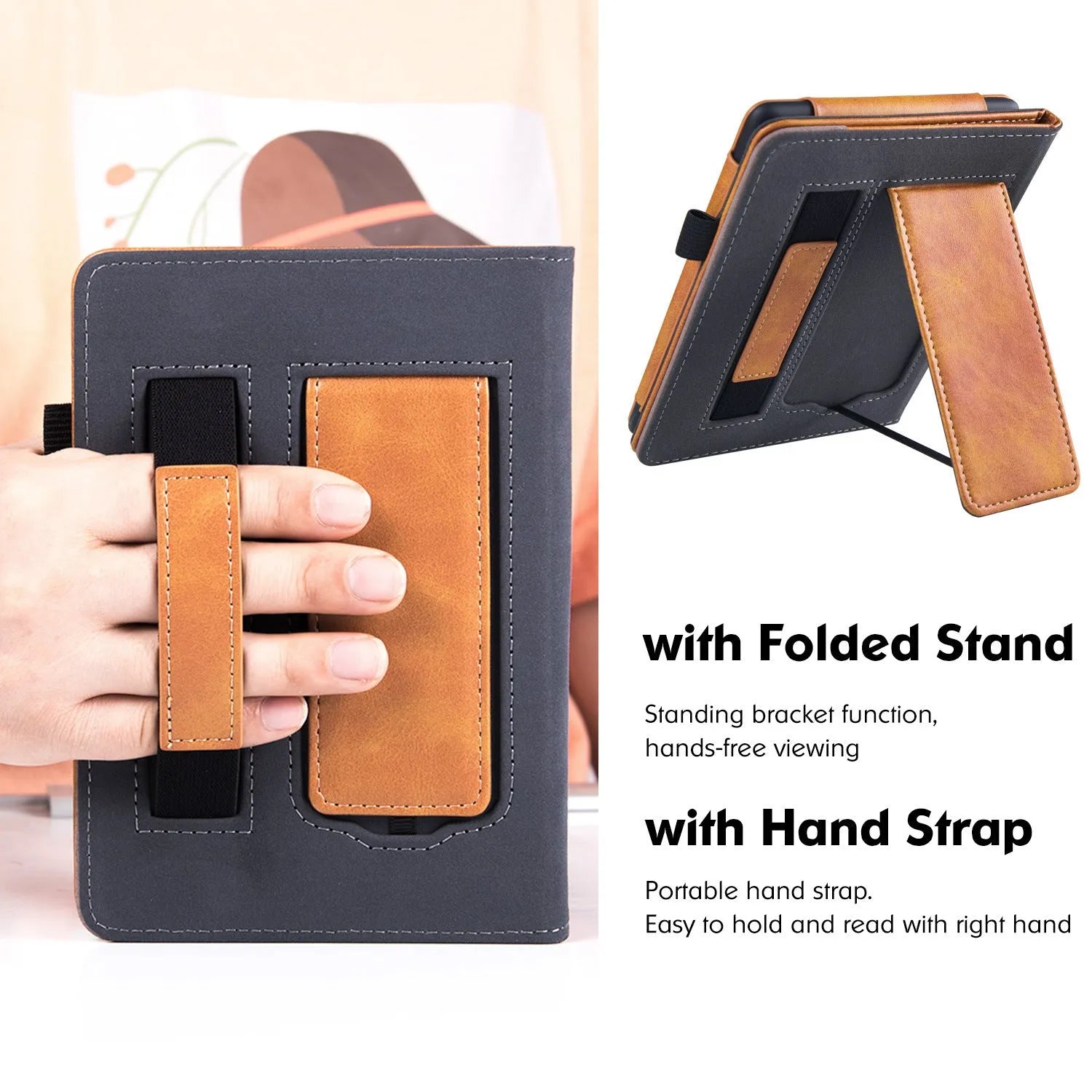 Brown calf leather case with built-in wrist splint stand for a Kindle Paperwhite 5 e-reader.