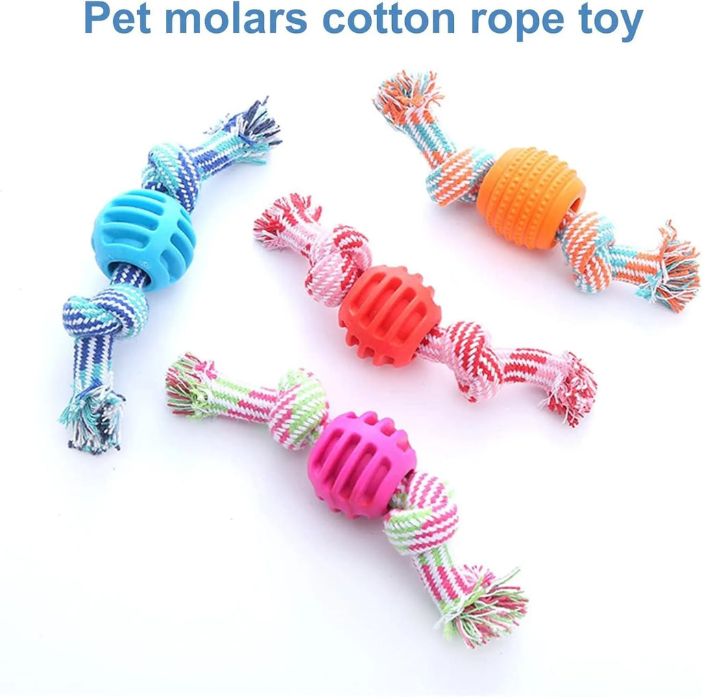 Blue dog chew toy with integrated rope strands for dental cleaning and play.