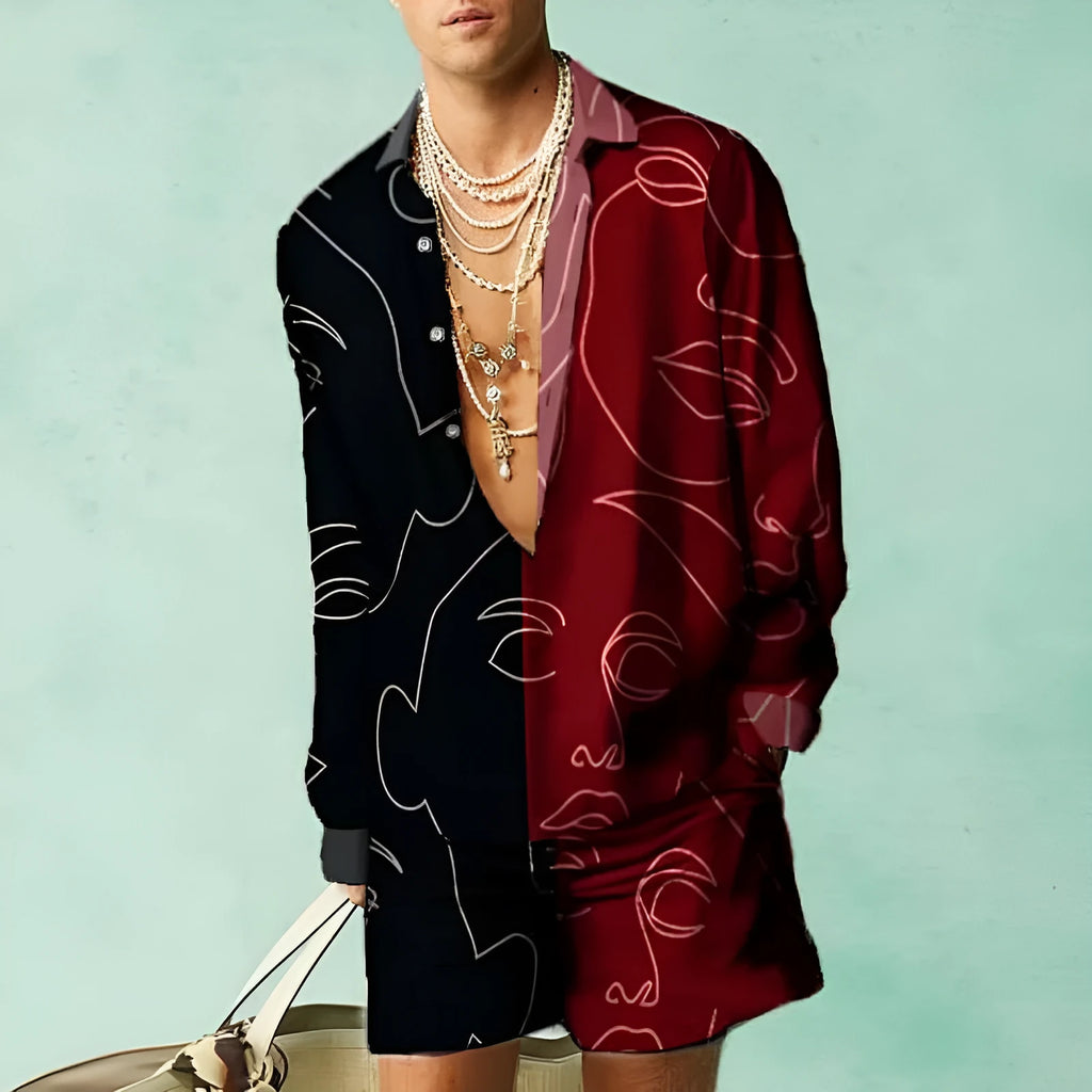 Men's casual summer two-piece set with long sleeve shirt and matching shorts in colour block pattern