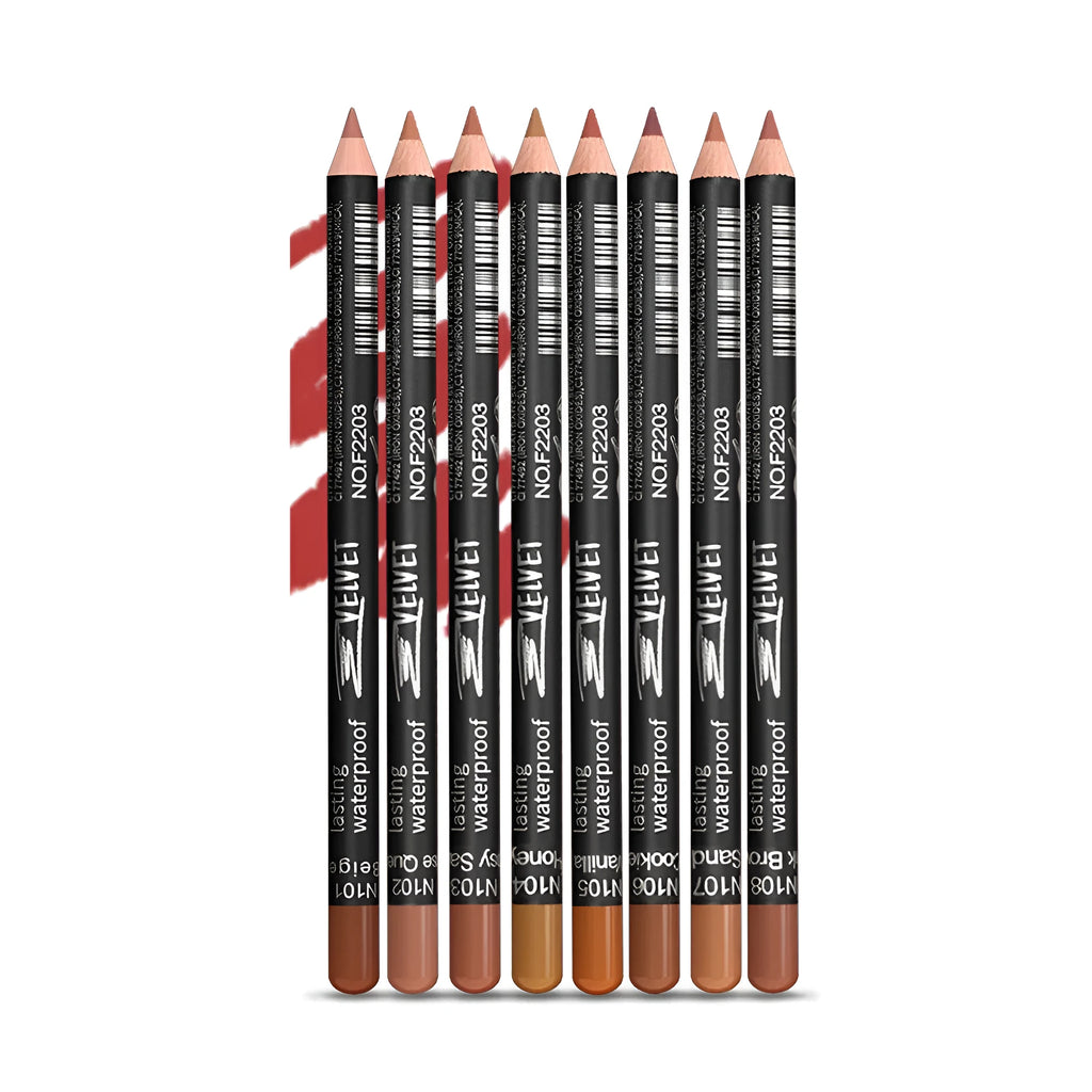 Matte lip liner pencil in standard packaging shown with colour range from shade 201 to 214.