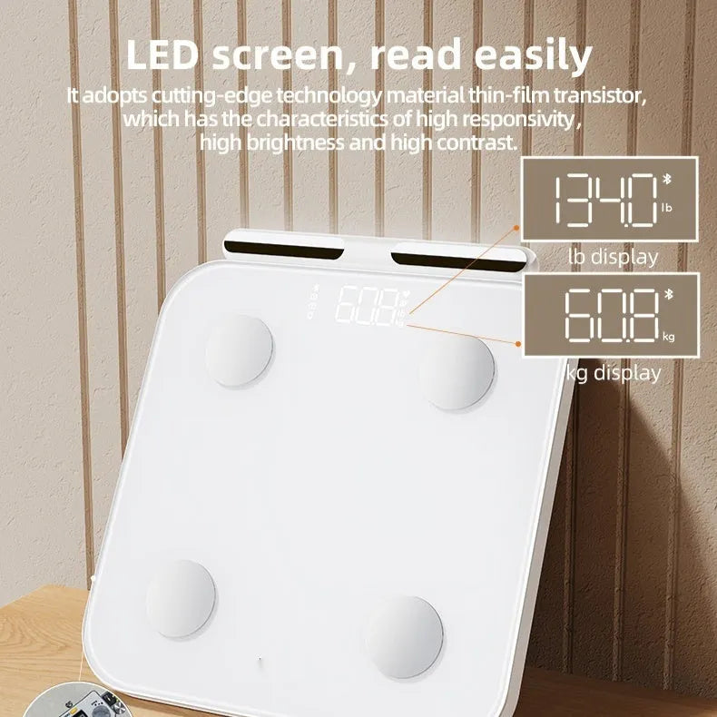 White professional body fat scale with eight electrodes and large tempered glass platform