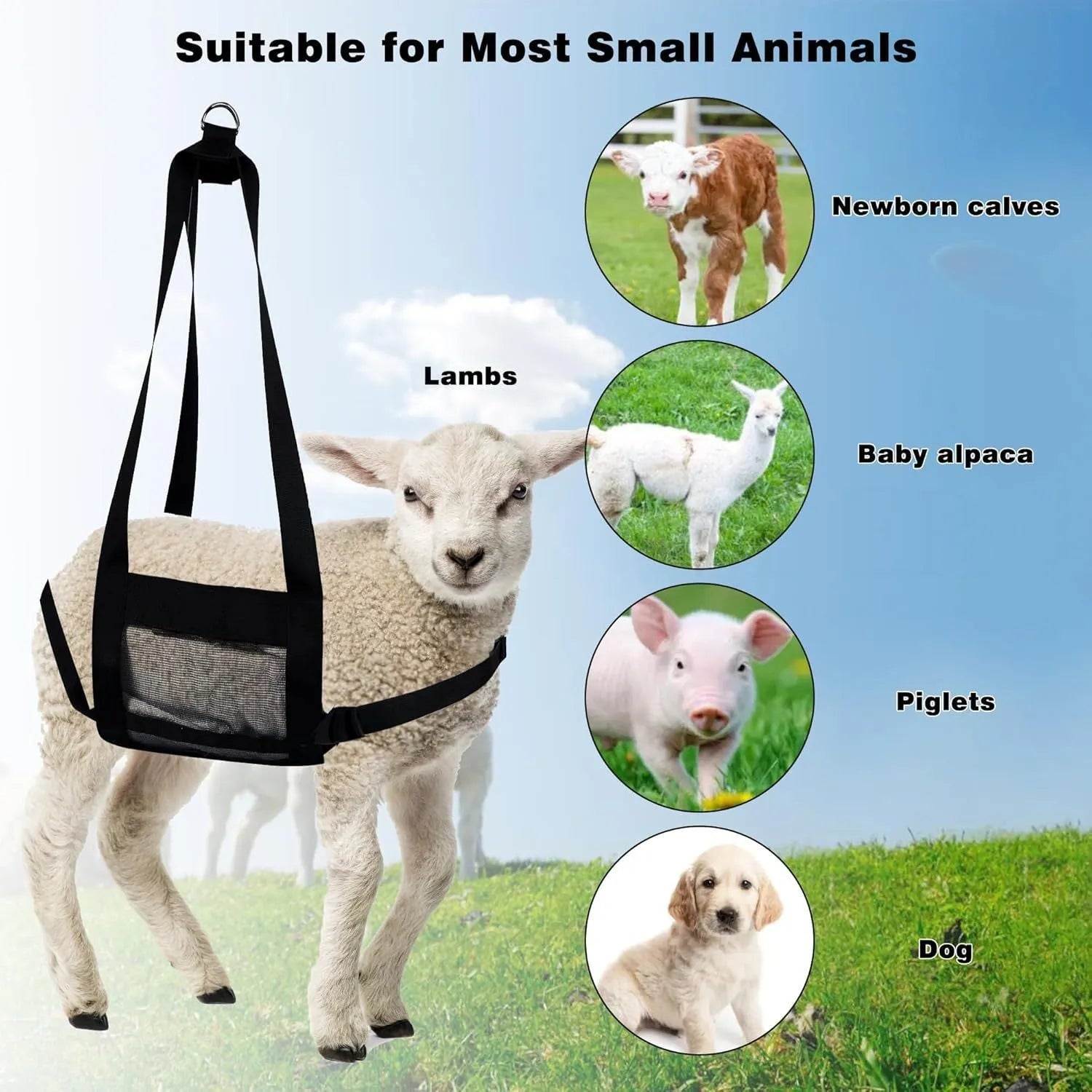 Black polyester calf large dog sling weighing bag with reinforced handles measuring 35 x 150 cm
