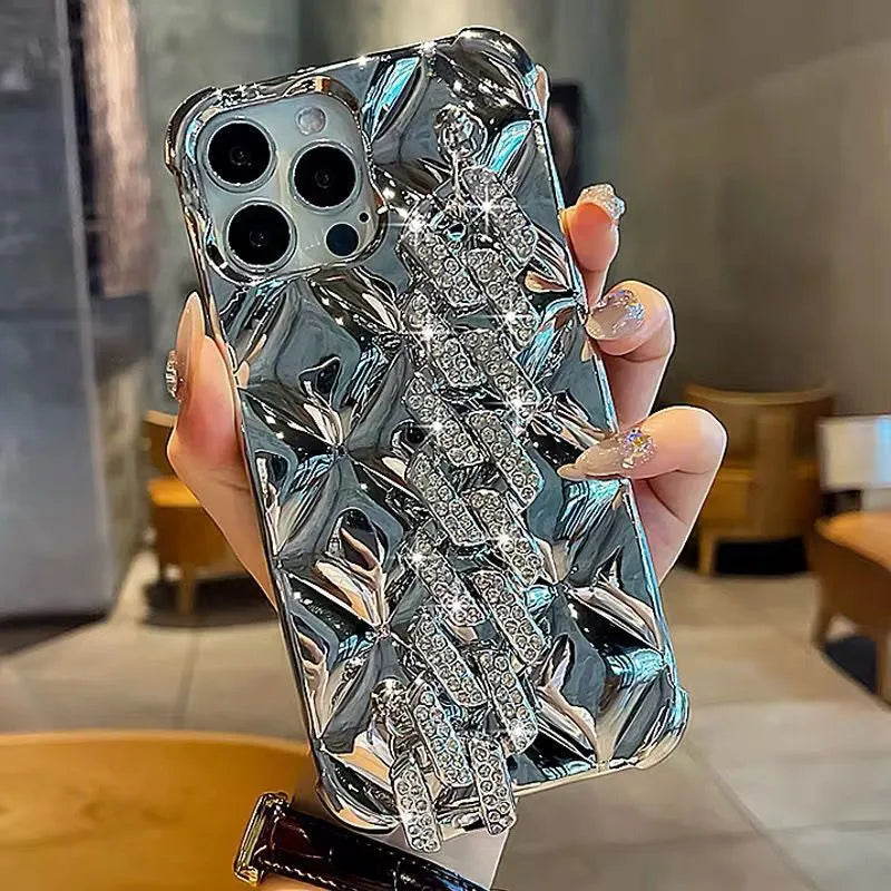 Luxury diamond bracelet phone case for iPhone with decorative chain and flash diamond lock in silver finish