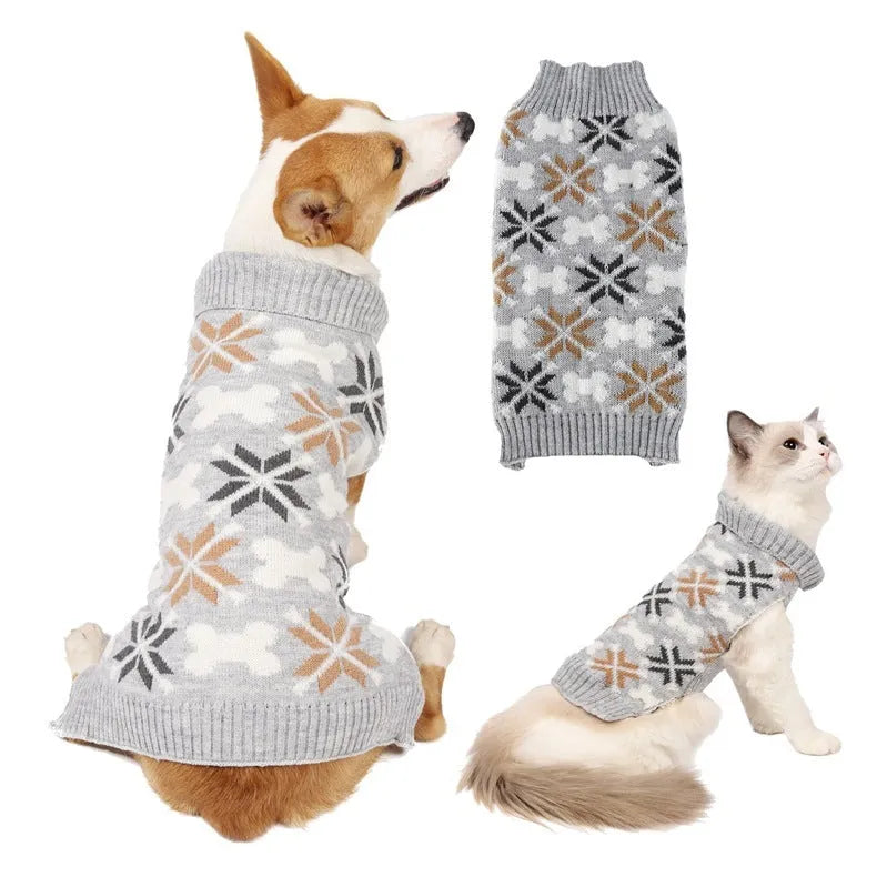 Grey Japanese-style jacquard knit sweater, hat and scarf set for a small dog on a mannequin.