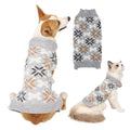 Grey Japanese-style jacquard knit sweater, hat and scarf set for a small dog on a mannequin.