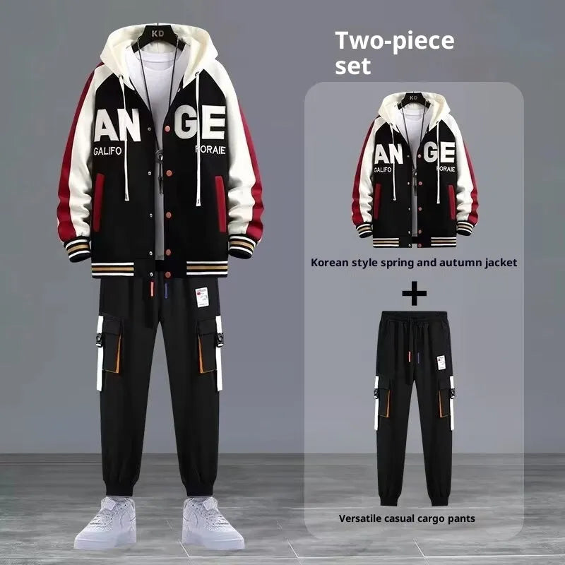 Youth hooded sweater jacket sports suit with trousers, black colour, polyester blend fabric for spring autumn leisure