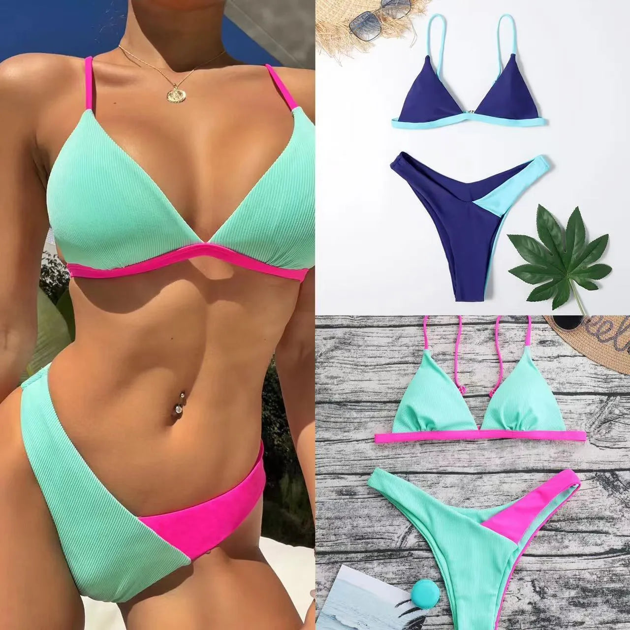 Women's European American style swimsuit briefs bikini set in nylon fabric
