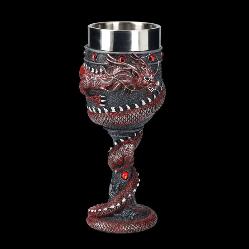 Chinese dragon design red wine glass with 3D stainless steel detailing and 200ml capacity in gold colour