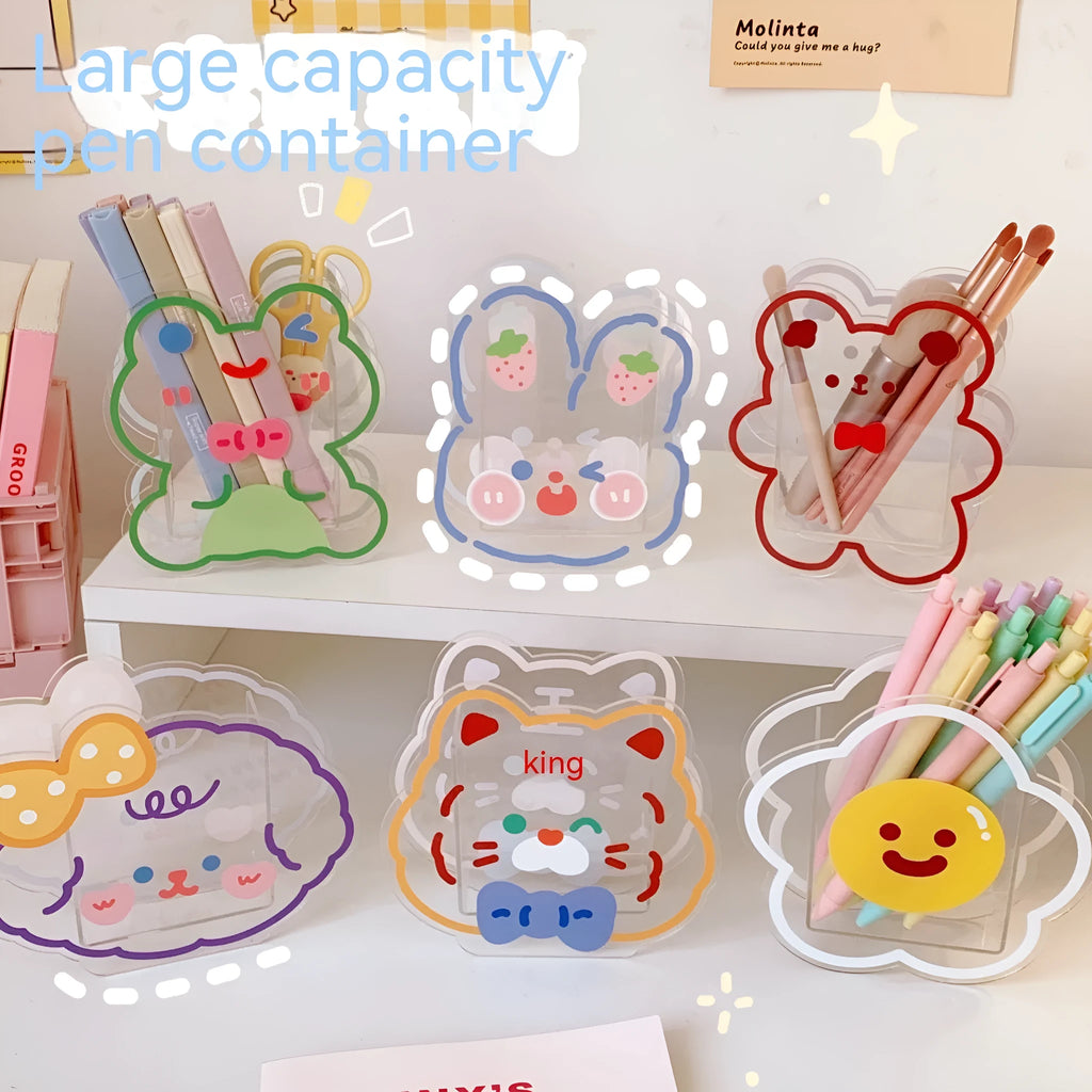 Square transparent acrylic storage box with cute cartoon design options for stationery organisation