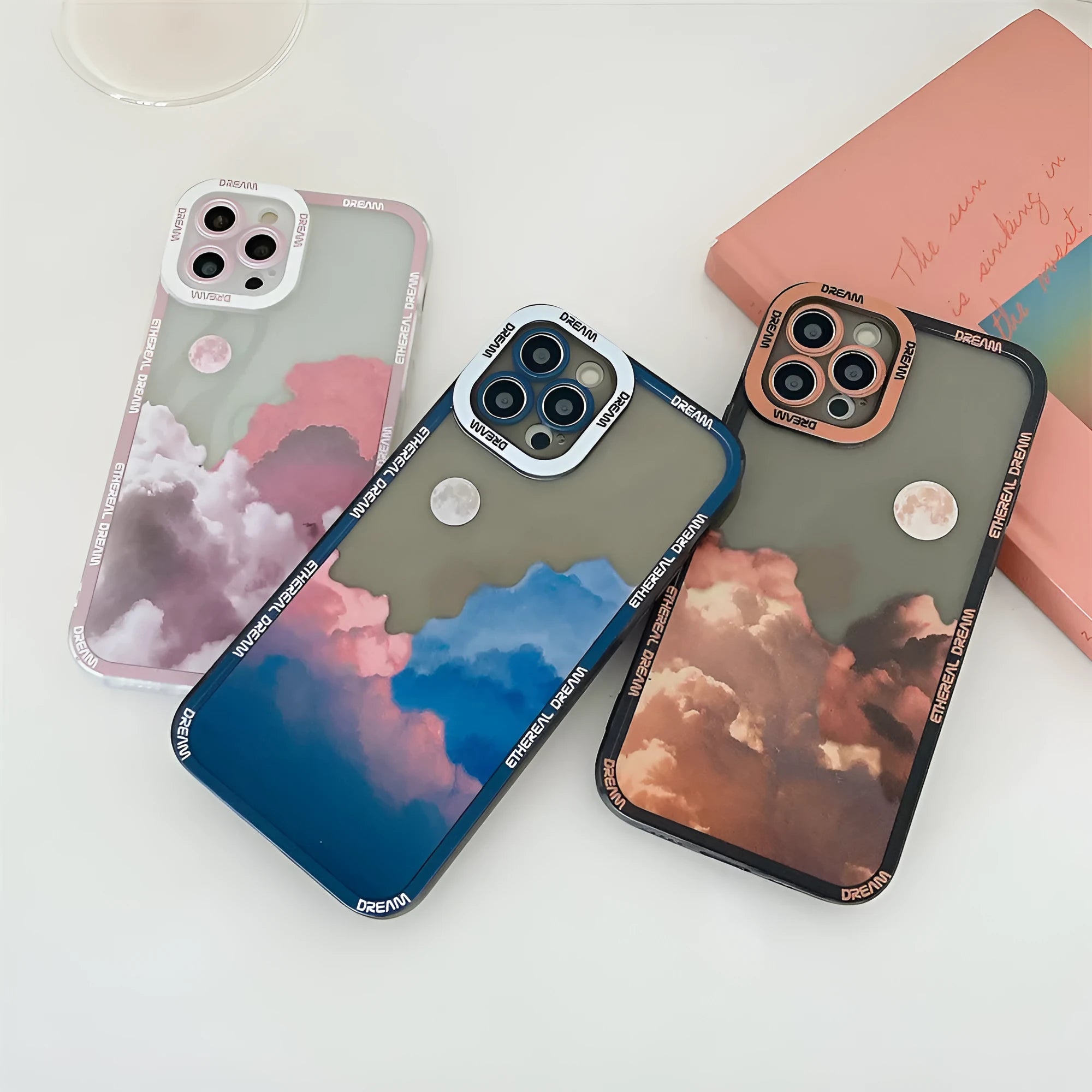 Sunset clouds starry sky pattern TPU back case for iPhone on a blue background.