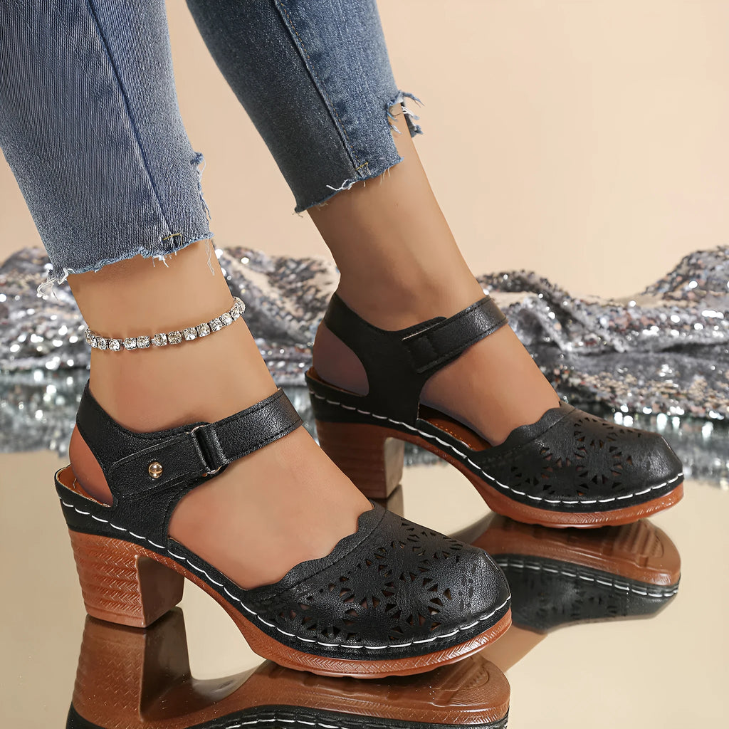 Women's hollow-out chunky-heel closed-toe sandals in black with Velcro strap and rubber outsole