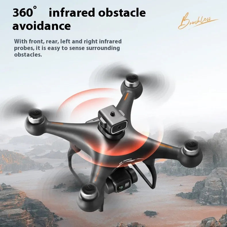 Black and white compact brushless drone with obstacle avoidance sensors and a dual camera system
