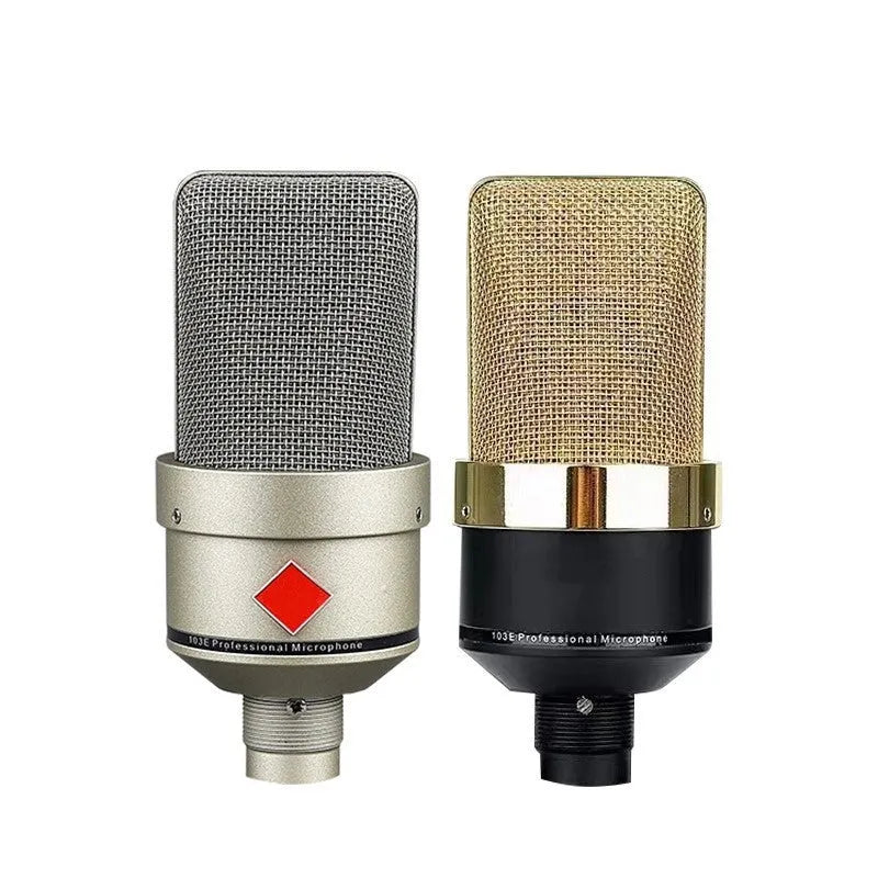 Wired condenser microphone with stand in black gold finish for singing and recording